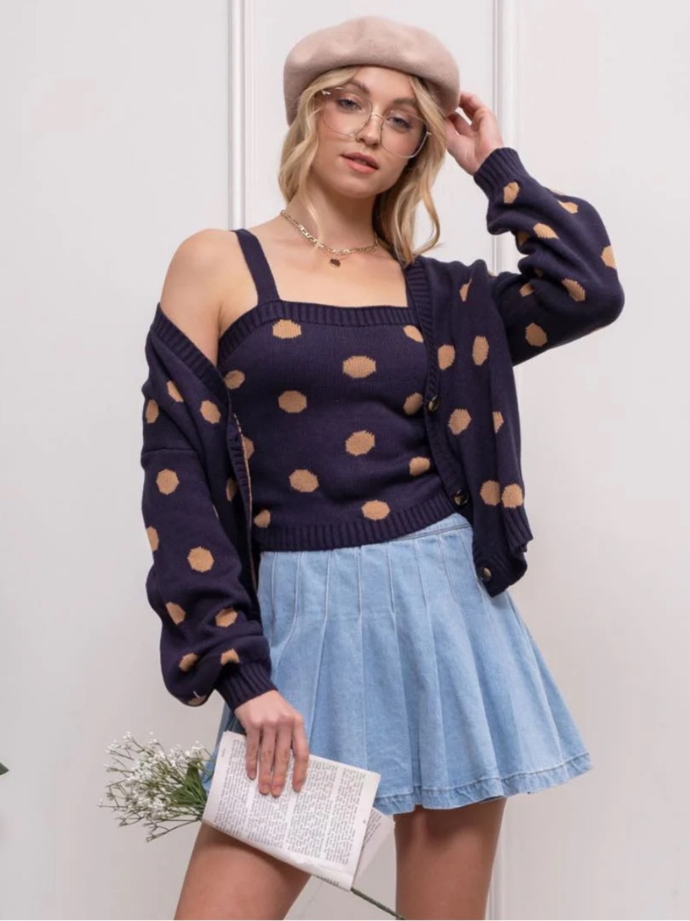 Blu Pepper Navy Knit Polka Dot Tank Top - Tan Dots Small